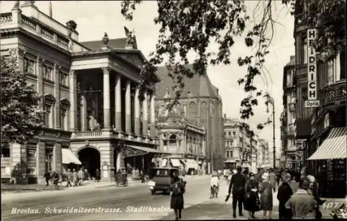 Ak Wrocław Breslau Schlesien, Schweidnitzer Straße, Stadttheater, Geschäft Heidrich