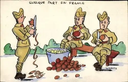 Handgemalt Ak Französische Soldaten schälen Kartoffeln