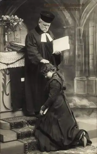 Ak Glückwunsch Konfirmation, Mädchen wird vom Priester gesegnet