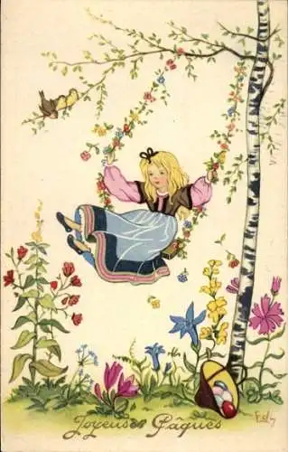 Künstler Ak Glückwunsch Ostern, Mädchen auf einer Schaukel, Blumen, Ostereier