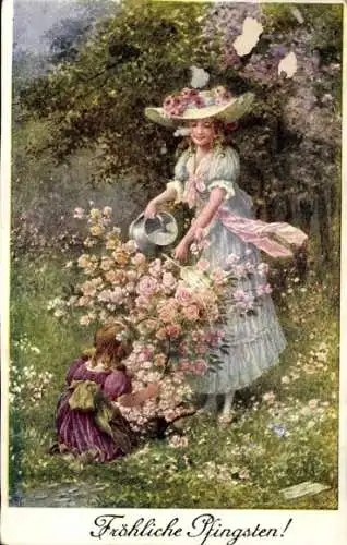 Ak Glückwunsch Pfingsten, Mädchen gießen Rosen in einem Garten
