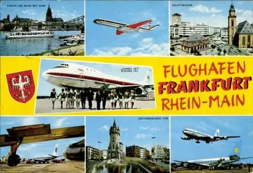 Ak Frankfurt am Main, Rhein Main Flughafen, Boeing 747 Jumbo Jet, Hauptwache, Eschenheimer Tor