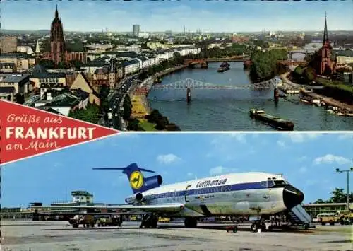 Ak Frankfurt am Main, Stadtpanorama, Dom, Eiserner Steg, Flughafen Rhein Main, Flugzeug Lufthansa