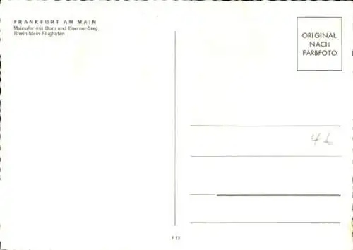 Ak Frankfurt am Main, Stadtpanorama, Dom, Eiserner Steg, Flughafen Rhein Main, Flugzeug Lufthansa