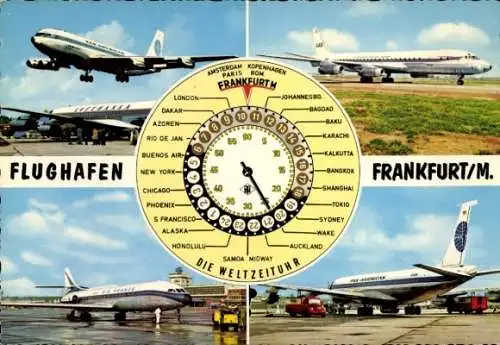 Ak Flughafen Frankfurt am Main, Passagierflugzeuge Air France, Pan American, Lufthansa, Weltzeituhr
