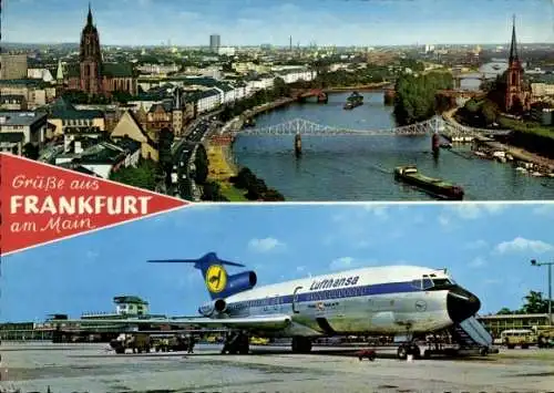 Ak Frankfurt am Main, Stadtpanorama, Dom, Eiserner Steg, Flughafen Rhein Main, Flugzeug Lufthansa
