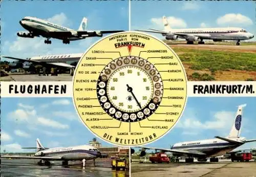 Ak Flughafen Frankfurt am Main, Passagierflugzeuge Air France, Pan American, Lufthansa, Weltzeituhr