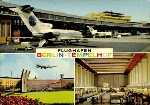 Ak Berlin Tempelhof, Flughafen, Platz der Luftbrücke, Halle, Passagierflugzeug Pan American