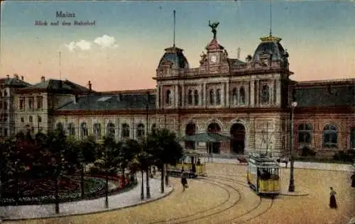 Ak Mainz am Rhein, Bahnhof, Straßenbahn