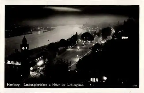 Ak Hamburg Mitte St. Pauli, Landungsbrücken, Hafen, Lichterglanz, Nachtbeleuchtung