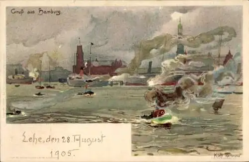 Künstler Litho Kley, Heinrich, Hamburg, Hafenmotiv, Kirchturm