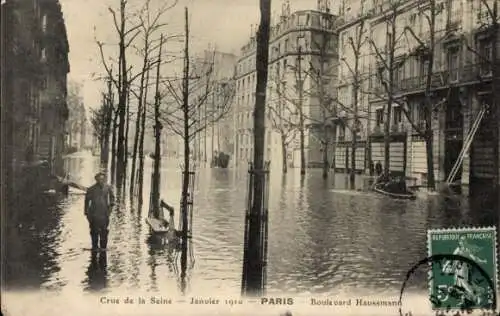 Ak Paris VIIIe Élysée, Boulevard Haussmann, Überschwemmung der Seine, Januar 1910