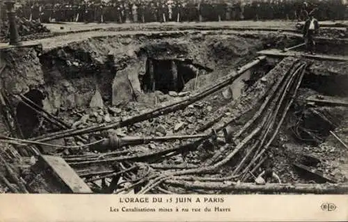 Ak Paris VIIIe Élysée, Die freigelegten Pfeifen in der Rue du Havre, Der Sturm vom 15. Juni