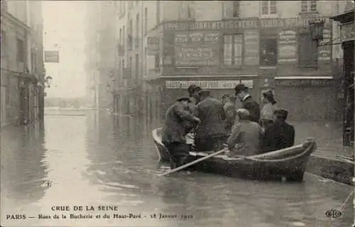 Ak Paris V, Rue de la Bucherie, Rue du Haut Pavé, Die große Seineflut am 28. Januar 1910