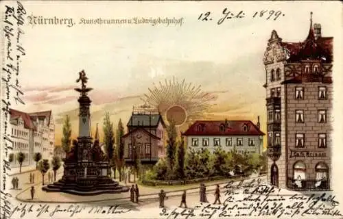 Sonnenschein Litho Nürnberg in Mittelfranken Bayern, Kunstbrunnen, Ludwigsbahnhof, Café Krieger