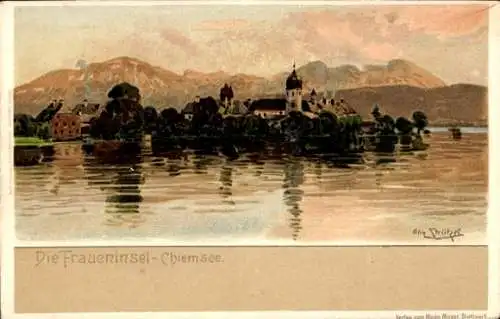 Künstler Litho Strützel, Otto, Fraueninsel Gemeinde Chiemsee Oberbayern, Blick auf Ort mit Umgebung