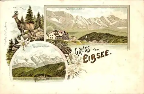 Litho Grainau in Oberbayern, Eibsee, Gasthaus am Eibsee, Zugspitze