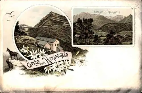 Litho Kochel am See in Oberbayern, Herzogstand und Heimgarten