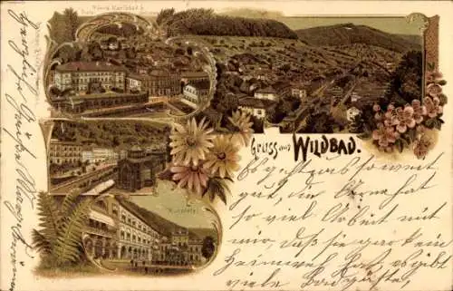 Litho Bad Wildbad im Schwarzwald, Kurplatz, Hotel Bellevue, Panorama