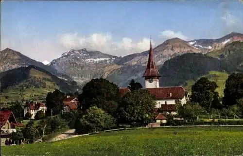 Ak Aeschi bei Spiez Kanton Bern, Kirche und Alpen