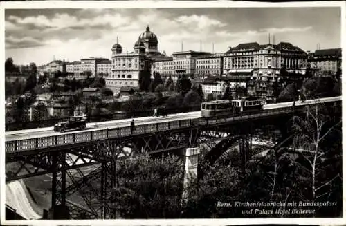 Ak Bern Stadt Schweiz, Kirchenfeldbrücke mit Bundespalast und Palace Hotel Bellevue