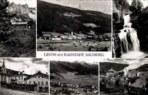 Ak Radstadt in Salzburg, Berghütte, Panorama, Wasserfall, Straßenansicht