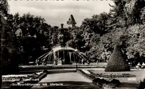 Ak Graz Steiermark, Stadtparkbrunnen mit Uhrturm