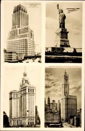 Ak New York City USA, Woolworth Building, Gemeindegebäude, Freiheitsstatue, New Telephone Bldg.