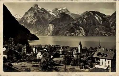 Ak Sisikon Kanton Uri, Teilansicht mit Gebirge