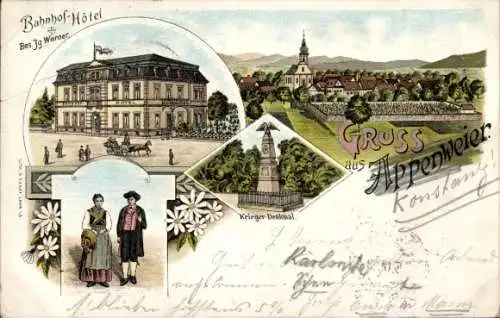 Litho Appenweier in Baden Schwarzwald, Bahnhof-Hotel, Kriegerdenkmal, Paar in Tracht