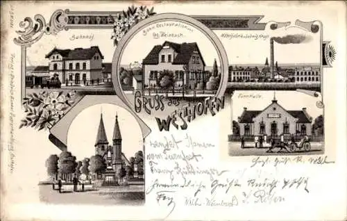 Litho Westhofen Alzey in Rheinhessen, Bahnhof, Bahn-Restauration, Möbelfabrik, Kirche, Turnhalle