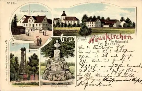 Litho Neunkirchen im Odenwald Modautal, Ohly Denkmal, Gasthof zum grünen Baum, Kaiserturm