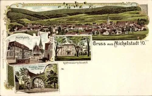 Litho Michelstadt im Odenwald, Kaltwasserheilanstalt, Marktplatz, Schloss, Totalansicht