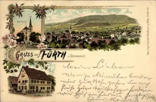 Litho Fürth im Odenwald, Gasthaus zum Adler, Kath. Kirche, Gesamtansicht