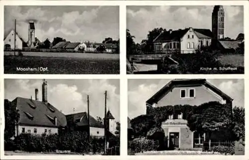 Ak Moosham Mintraching in der Oberpfalz, Kirche, Schulhaus, Geschäftshaus Math. Grimbacher, Brauerei