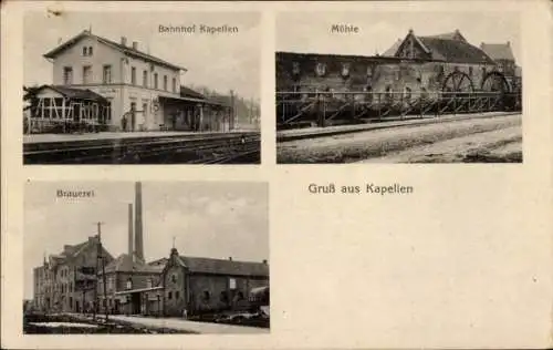 Ak Capellen an der Erft Kapellen Grevenbroich Westfalen, Brauerei, Bahnhof Gleisseite, Mühle