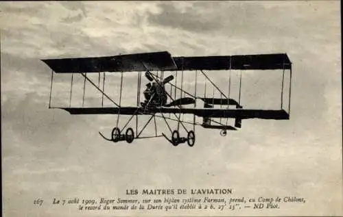 Ak History of Aviation, Roger Sommer, auf seinem Farman-System-Doppeldecker, Champ de Chalons