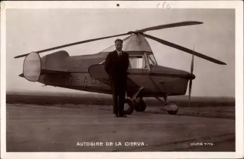 Ak Autogyro de la Cierva, Zweisitzer mit seinem Erfinder Armstrong Siddley Genet Engine