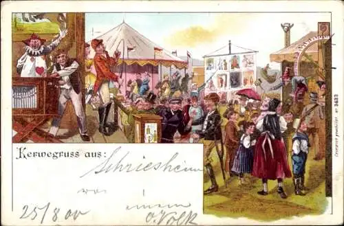 Litho Kerwegruß, Fest, Feiernde Menschen, Stände, Besucher, Leierkasten