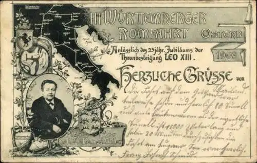 Landkarten Ak III. Württemberger Romfahrt, Pilgerfahrt, Thronbesteigung Leo XIII., Wappen
