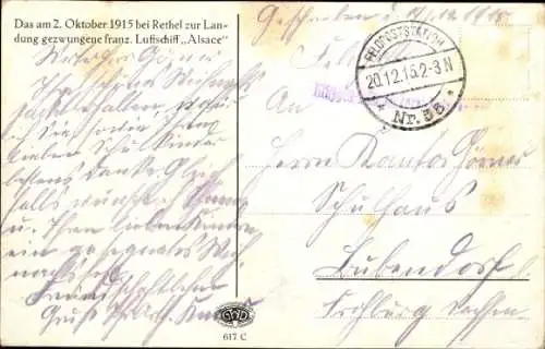 Ak Rethel, zur Landung gezwungenes Luftschiff, 1915