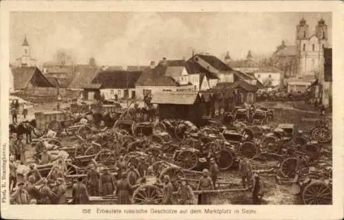 Ak Sejny Polen, Marktplatz, Erbeutete russische Geschütze
