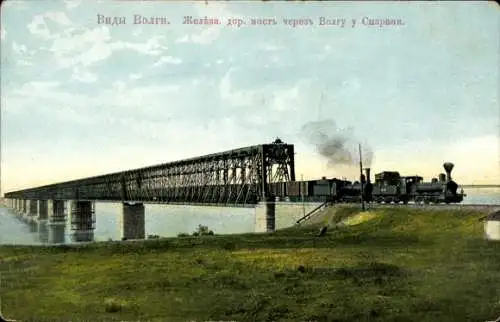 Ak Sysran Russland, Alexanderbrücke über die Wolga, Eisenbahn