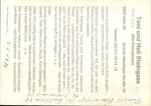 Ak Schauspieler die Steingässer, Portrait, Autogramm