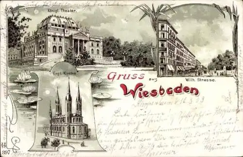 Litho Wiesbaden in Hessen, Theater, Wilhelmstraße, evangelische Kirche