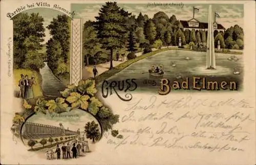 Litho Bad Elmen Salzelmen Schönebeck an der Elbe, Villa Bismarck, Schwanenteich, Gradierwerk