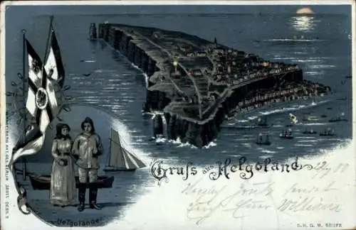 Leuchtfenster Litho Nordseeinsel Helgoland, Panorama bei Nacht, Helgoländer Paar