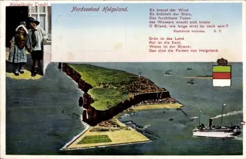 Ak Nordseebad Helgoland, Helgoländer Tracht, Lied, Dampfer, Wappen
