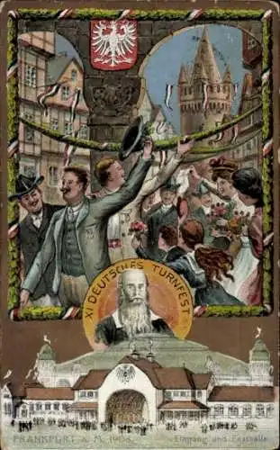 Künstler Ak Frankfurt am Main, XI. Deutsches Turnfest 1908, Festhalle, Turnvater Jahn