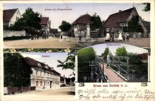 Ak Serbitz Treben in Thüringen, Straßenpartie, Kriegerdenkmal, Gasthof, Pleissenbrücke